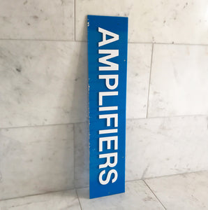 Vintage Shop Amplifiers sign with cut white perspex lettering on to a cyan blue perspex background - SHOP NOW - www.intovintage.co.uk