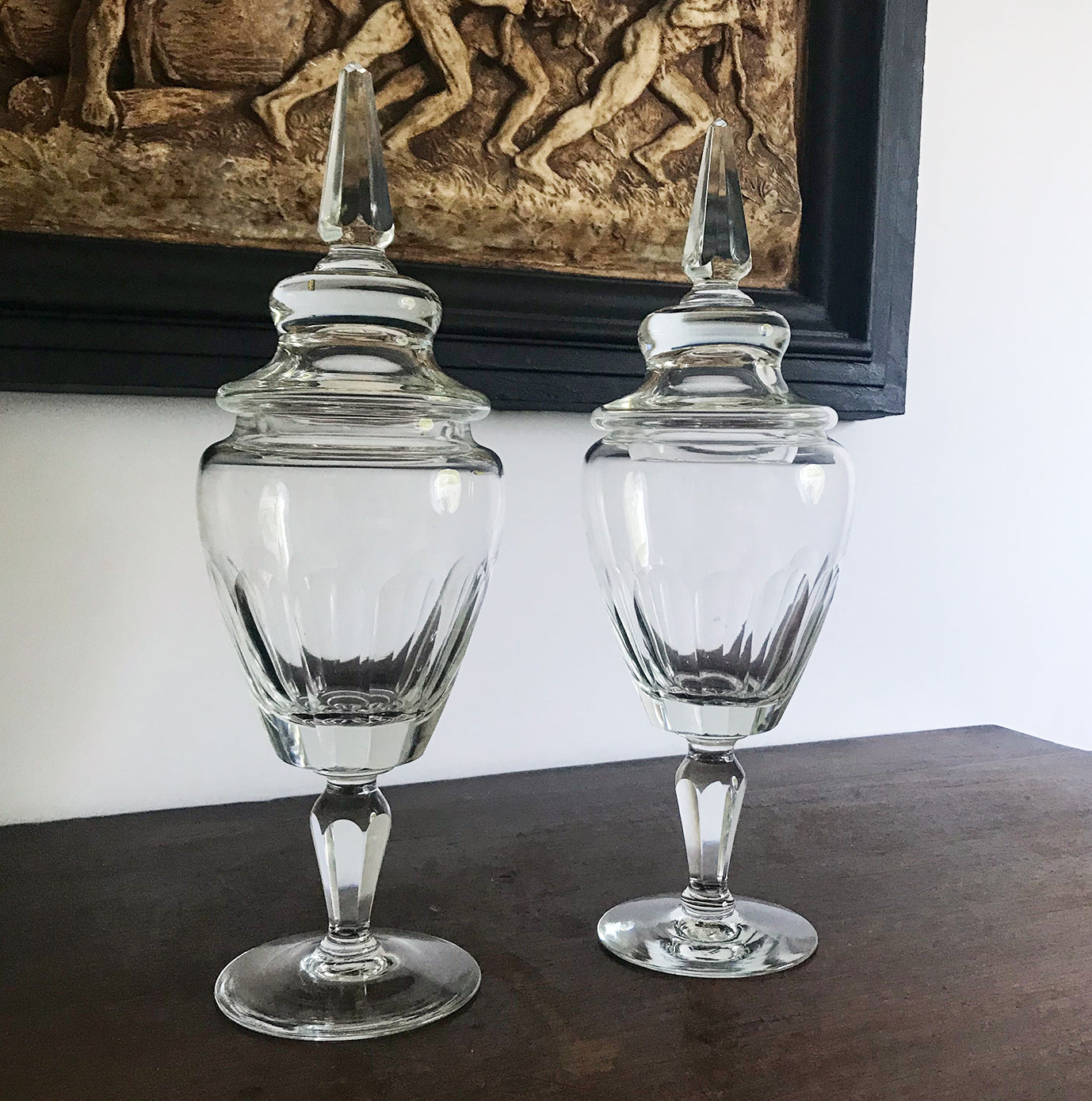 A beautiful pair of large antique cut glass chemist's apothecary jars. Each retain their original cut glass lids. In fantastic original condition - SHOP NOW - www.intovintage.co.uk
