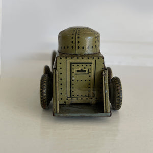 A Cool little Pre-War 1930s Kellerman tin-plate clockwork Panzerspahwagen Armoured Car. It has a clockwork movement, that when wound propels the car forward and shoots bright sparks out of the gun turret. Marked 'D.R.G.M' just under the key hole and 'FOREIGN' above the front wheel - SHOP NOW - www.intovintage.co.uk