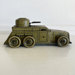 A Cool little Pre-War 1930s Kellerman tin-plate clockwork Panzerspahwagen Armoured Car. It has a clockwork movement, that when wound propels the car forward and shoots bright sparks out of the gun turret. Marked 'D.R.G.M' just under the key hole and 'FOREIGN' above the front wheel - SHOP NOW - www.intovintage.co.uk