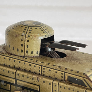 A Cool little Pre-War 1930s Kellerman tin-plate clockwork Panzerspahwagen Armoured Car. It has a clockwork movement, that when wound propels the car forward and shoots bright sparks out of the gun turret. Marked 'D.R.G.M' just under the key hole and 'FOREIGN' above the front wheel - SHOP NOW - www.intovintage.co.uk