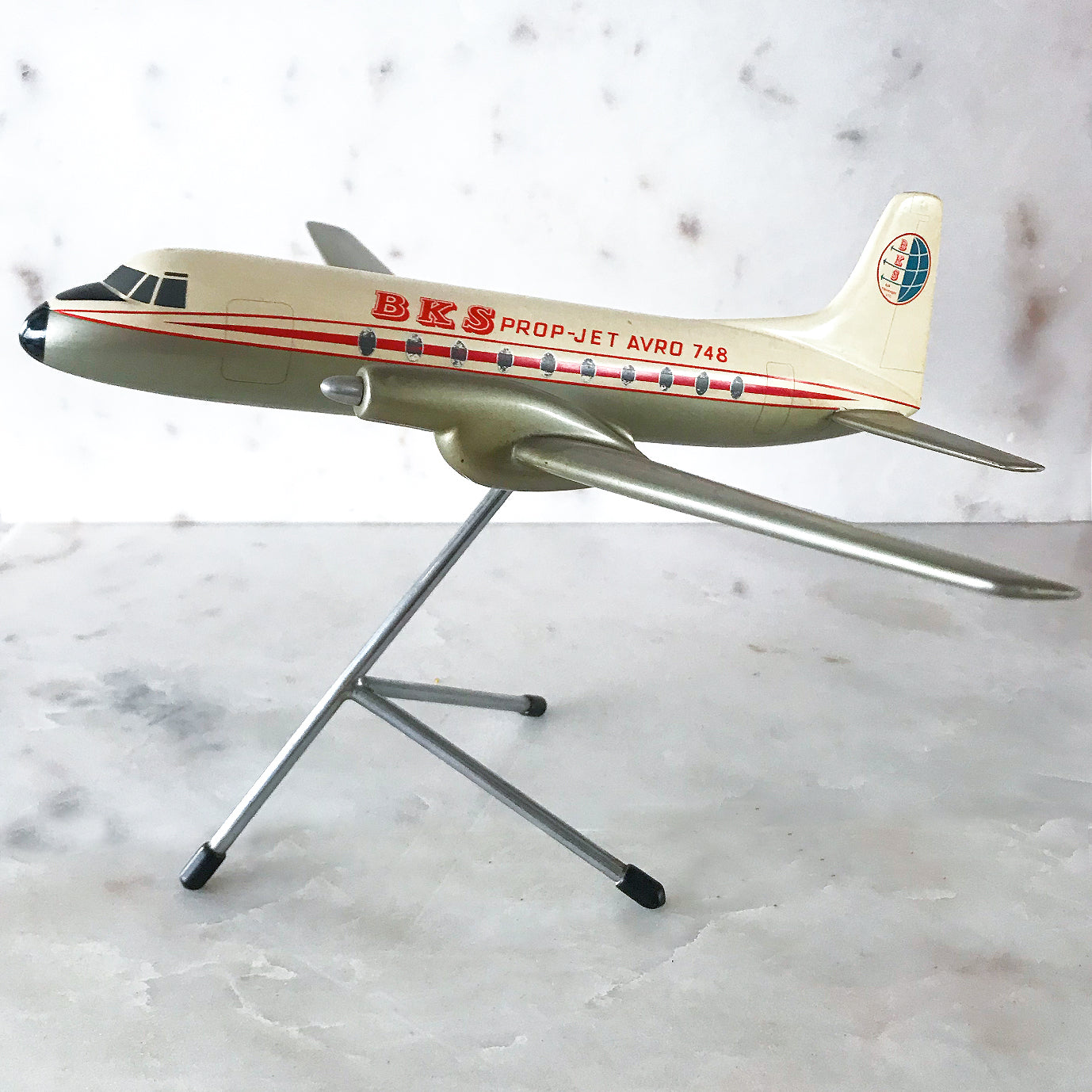 Uber cool Vintage Advertising Display Jet for BKS Air Transport Ltd. This came from the local Southend Airport and would have been displayed in the BKS Flight Office. BKS Air Transport was formed in 1952 and started operations in Feb 1952 as BKS Aerocharter - SHOP NOW -www.intovintage.co.uk
