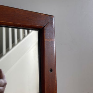 A vintage British Railways East Carriage Mirror etched with the initials 'B.R.(E)' on the mirror plate. The frame is in mahogany with four fixing holes where it would have been mounted in the carriage - SHOP NOW - www.intovintage.co.uk