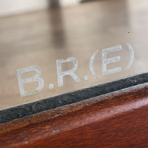A vintage British Railways East Carriage Mirror etched with the initials 'B.R.(E)' on the mirror plate. The frame is in mahogany with four fixing holes where it would have been mounted in the carriage - SHOP NOW - www.intovintage.co.uk