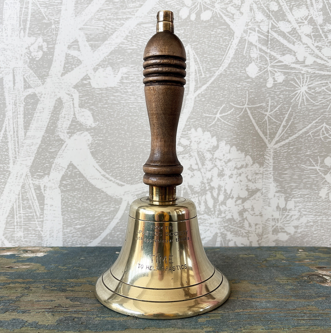 Old Brass School Bell inscribed 'From the Spastics Society with appreciative thanks', 'Time to help the Spastics'. Good quality brass and a solid mahogany handle - SHOP NOW - www.intovintage.co.uk