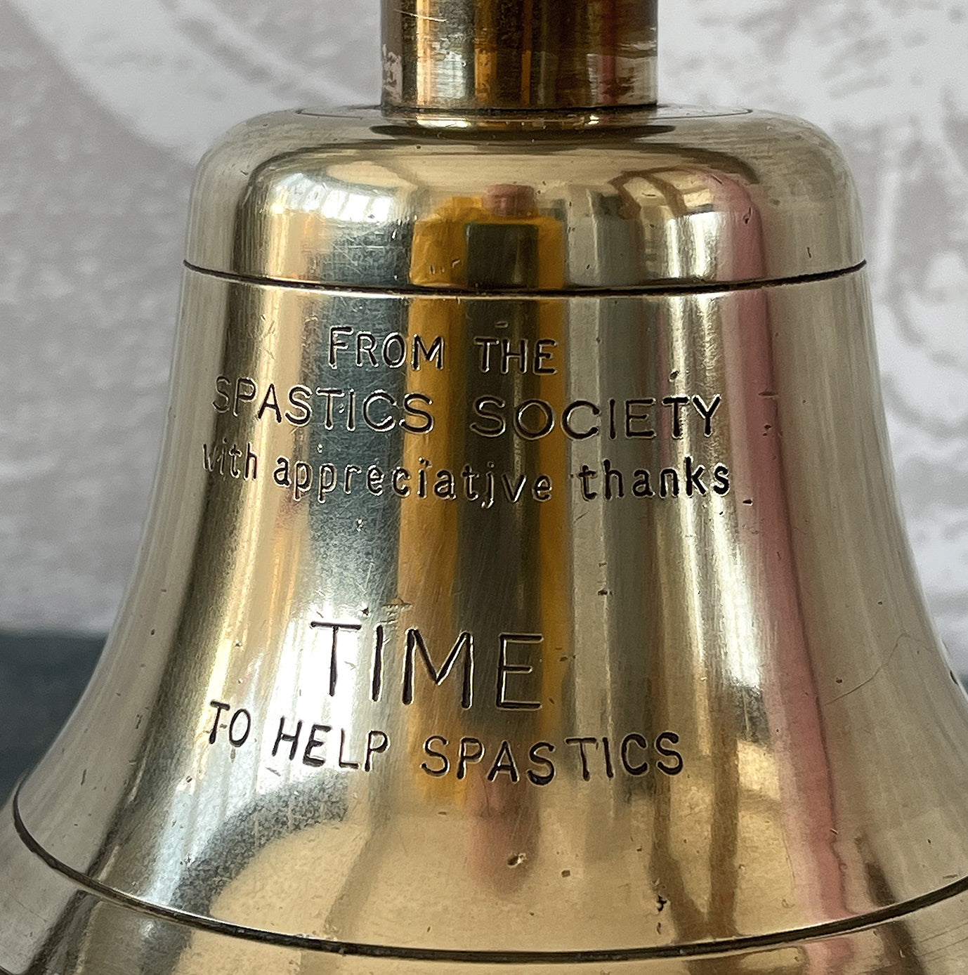 Old Brass School Bell inscribed 'From the Spastics Society with appreciative thanks', 'Time to help the Spastics'. Good quality brass and a solid mahogany handle - SHOP NOW - www.intovintage.co.uk