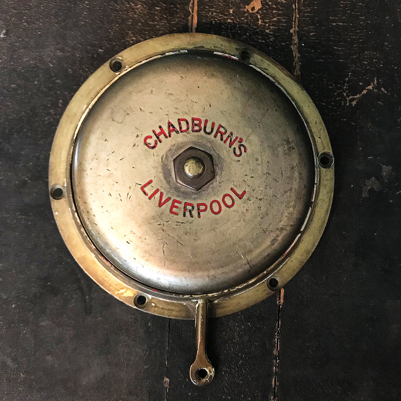 Chadburns Of Liverpool ships telegraph bell, with brass pull handle and spring loaded mechanism. Chadburn's of Liverpool were famous for manufacturing the engine room telegraphs and steam whistles, for use on the famous Titanic. Mounted to the wall this would make a fantastic door or dinner bell! - SHOP NOW - www.intovintage.co.uk