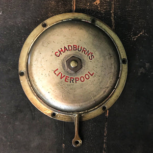 Chadburns Of Liverpool ships telegraph bell, with brass pull handle and spring loaded mechanism. Chadburn's of Liverpool were famous for manufacturing the engine room telegraphs and steam whistles, for use on the famous Titanic. Mounted to the wall this would make a fantastic door or dinner bell! - SHOP NOW - www.intovintage.co.uk