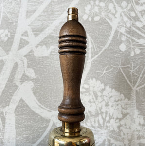 Old Brass School Bell inscribed 'From the Spastics Society with appreciative thanks', 'Time to help the Spastics'. Good quality brass and a solid mahogany handle - SHOP NOW - www.intovintage.co.uk