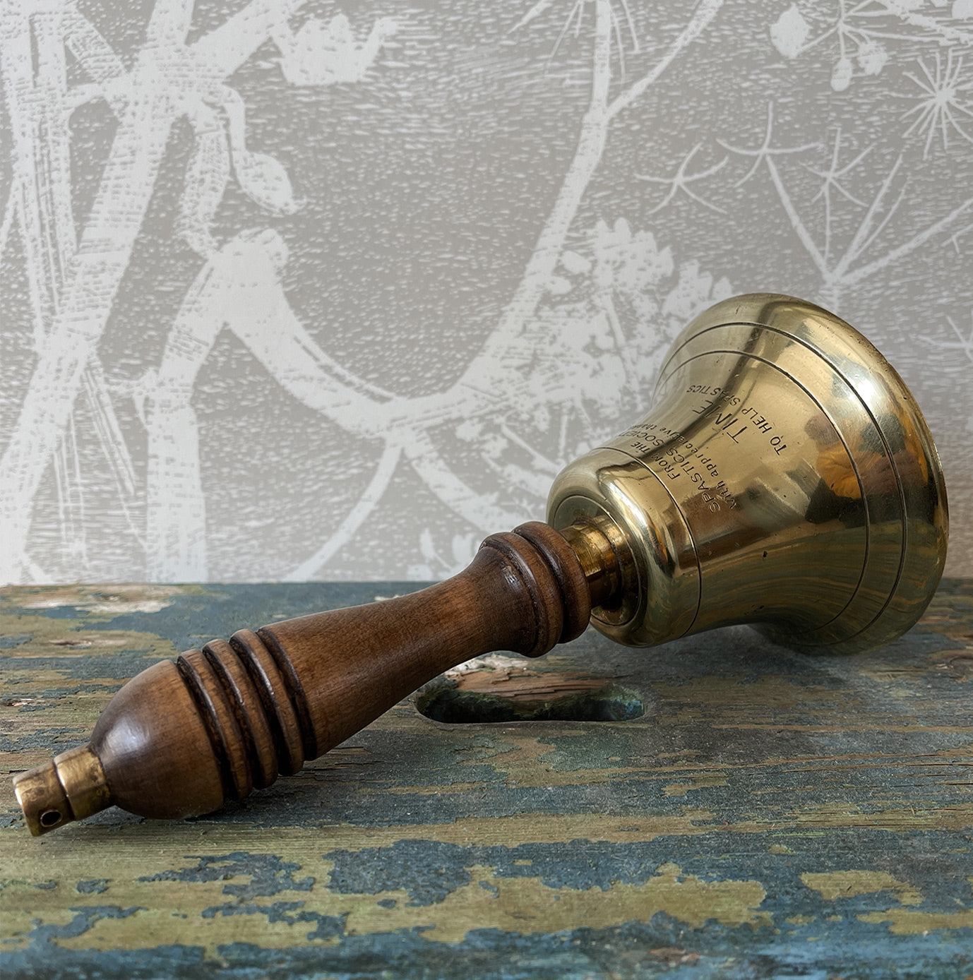Old Brass School Bell inscribed 'From the Spastics Society with appreciative thanks', 'Time to help the Spastics'. Good quality brass and a solid mahogany handle - SHOP NOW - www.intovintage.co.uk
