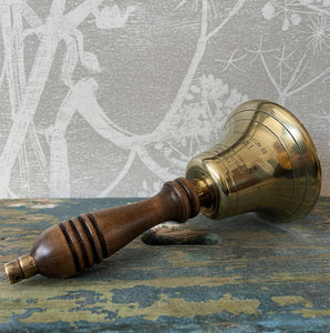 Old Brass School Bell inscribed 'From the Spastics Society with appreciative thanks', 'Time to help the Spastics'. Good quality brass and a solid mahogany handle - SHOP NOW - www.intovintage.co.uk