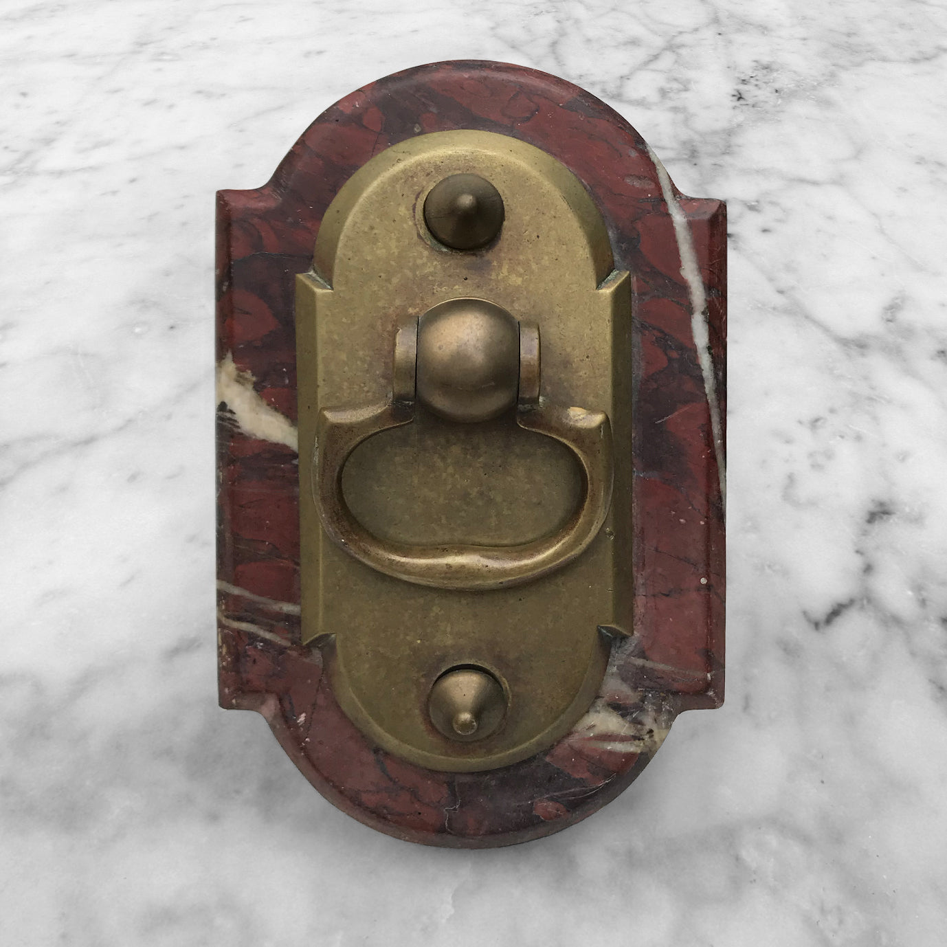 Nice and chunky French Door Bell Pull. The marble is a deep rusty red with creamy white and chocolate veins. That is topped with a brass pull handle that has a good smooth rocker action to it - BUY NOW - www.intovintage.co.uk
