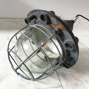 Very original, very heavy, Vintage GEC Blast Lamp. Marked 'G.E.C. Made in England by The General Electric Co Ltd of England'. The top section is in a thick casted iron with an incredibly thick glass dome. The dome is protected by a heavy gauge wired frame - SHOP NOW - www.intovintage.co.uk