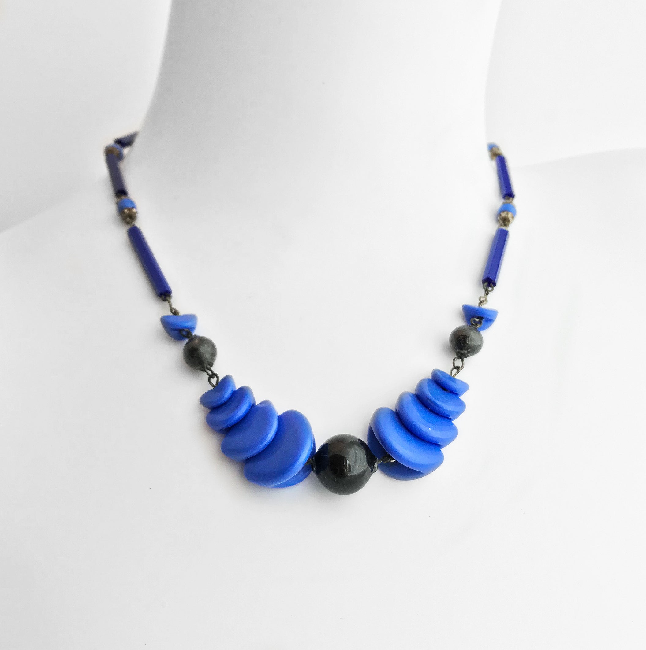 Vintage Blue and Black Geo-Metric Art Deco Necklace - SHOP NOW - www.intovintage.co.uk