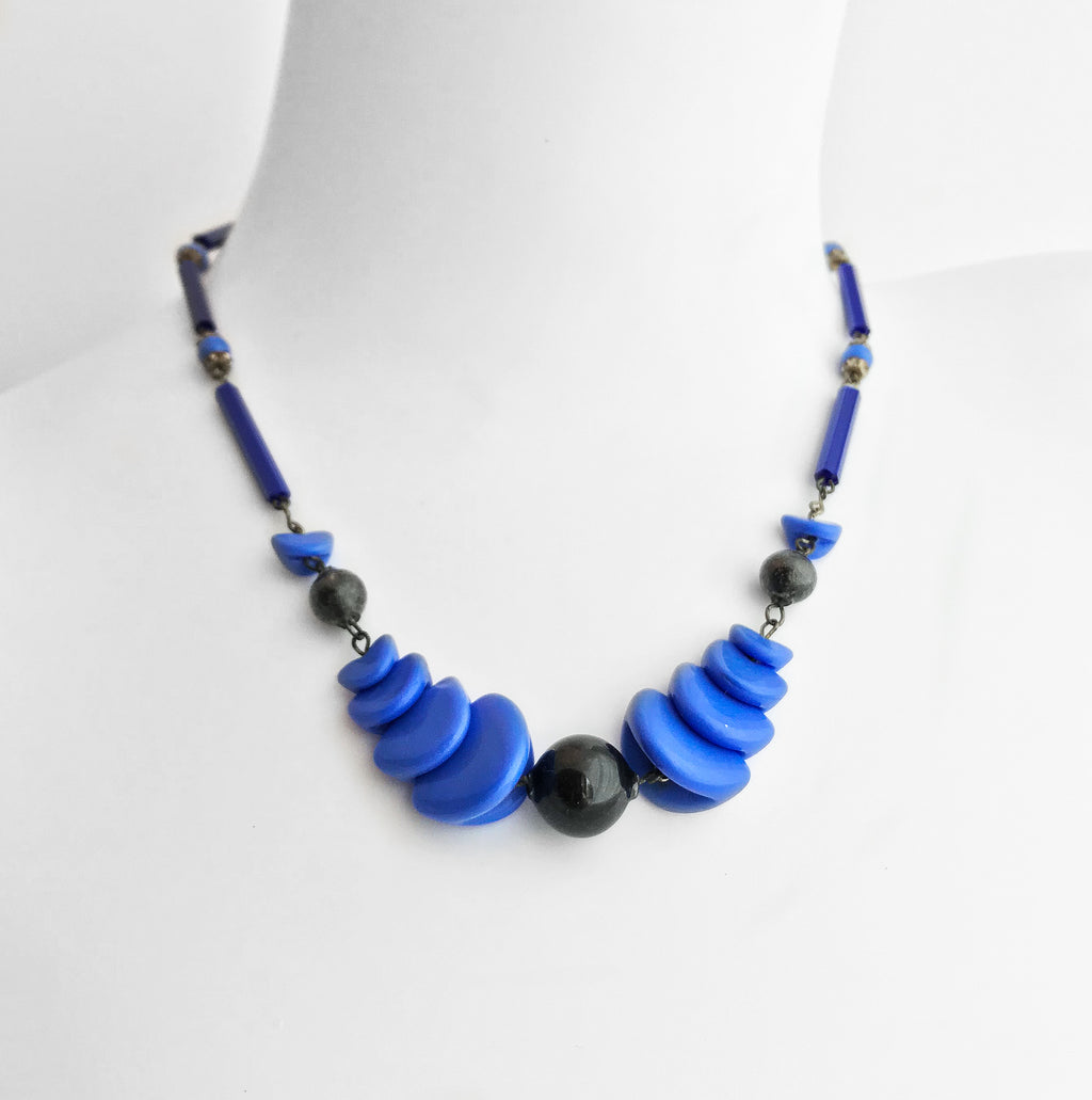 Vintage Blue and Black Geo-Metric Art Deco Necklace - SHOP NOW - www.intovintage.co.uk