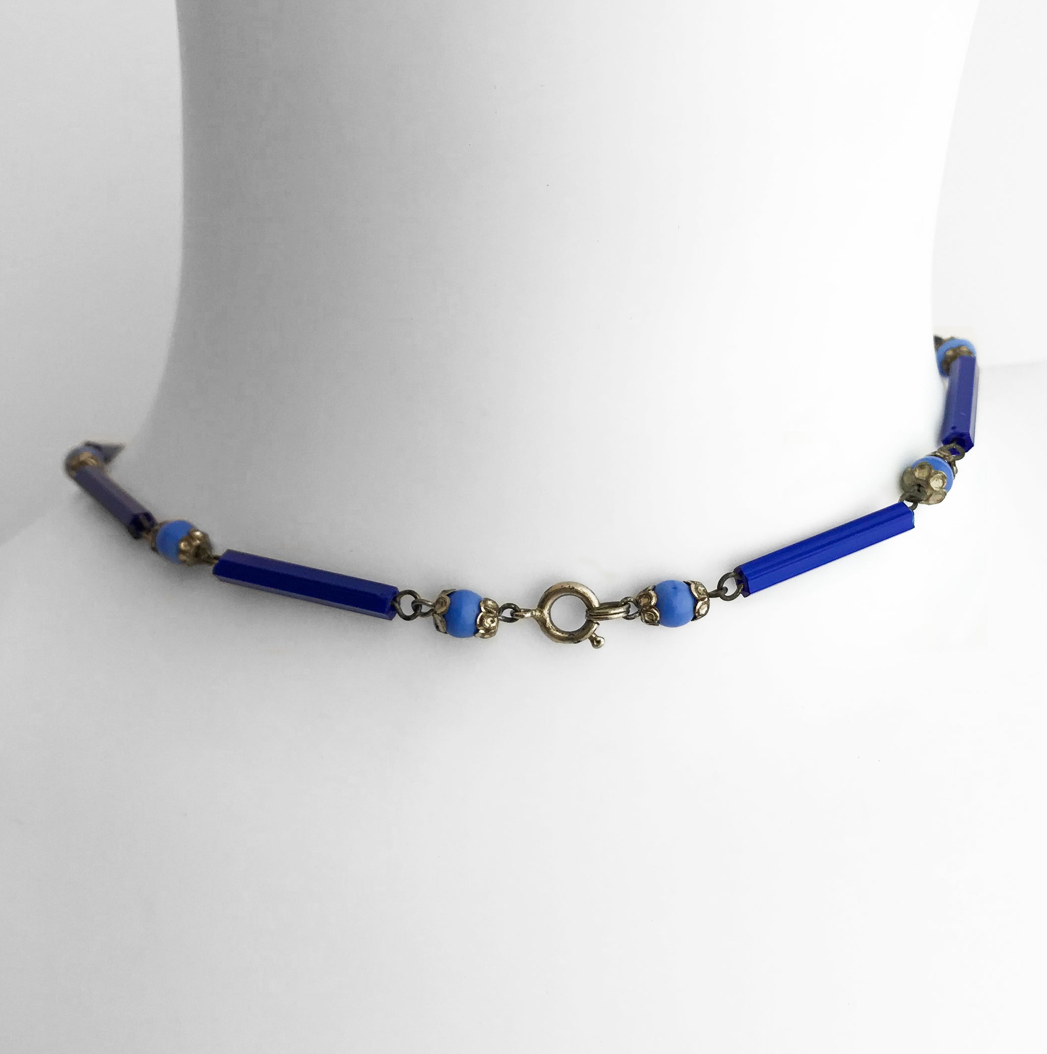 Vintage Blue and Black Geo-Metric Art Deco Necklace - SHOP NOW - www.intovintage.co.uk