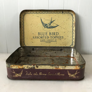 Vintage Blue Bird Toffee Tin from Harry Vincent Ltd of Birmingham. It has a delightful English village scene on the front with a beautiful autumnal colour pallet - SHOP NOW - www.intovintage.co.uk