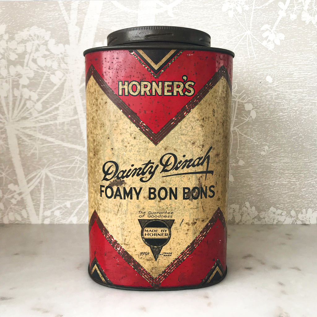 Vintage Horner's Dainty Dinah Foamy Bon Bons Shop Tin in good condition with fantastic graphics and great patina - SHOP NOW - www.intovintage.co.uk