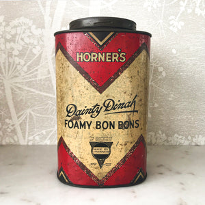 Vintage Horner's Dainty Dinah Foamy Bon Bons Shop Tin in good condition with fantastic graphics and great patina - SHOP NOW - www.intovintage.co.uk