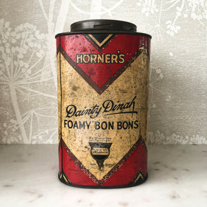 Vintage Horner's Dainty Dinah Foamy Bon Bons Shop Tin in good condition with fantastic graphics and great patina - SHOP NOW - www.intovintage.co.uk