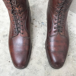 Pair of Antique British Army Officers Cavalry Boots in wonderful condition. Finished in brown leather with laces to the bottom section of the boot and leather soles. Each boot has its original wooden stave with the Faulkner & Son makers mark and topped off with a sturdy brass pull ring - SHOP NOW - www.intovintage.co.uk