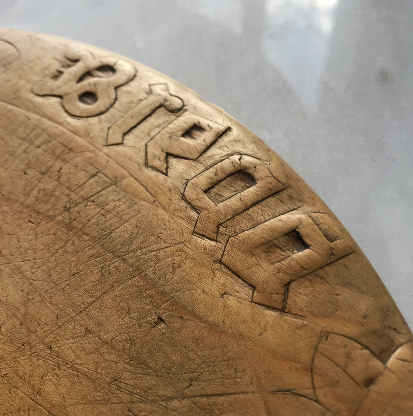 Late Victorian Hand Carved Sycamore Bread Board with the word BREAD carved on it - Nicely worn and lays nice and flat - no worm! - SHOP NOW - www.intovintage.co.uk