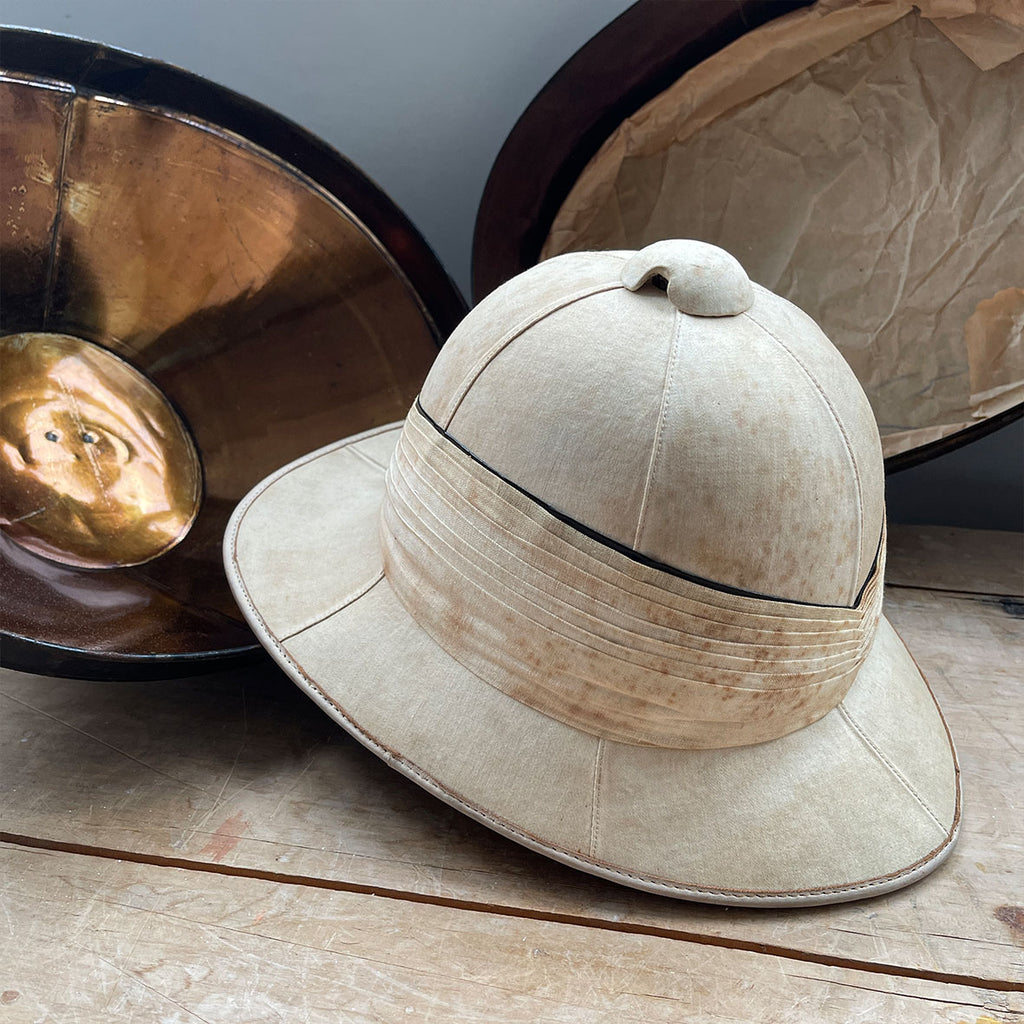 A Royal Naval WW1 (early 1920s) Waterproof White Tropical Service Pith Helmet by the EQUATOR BRAND in its original Japanned tin case - SHOP NOW - www.intovintage.co.uk
