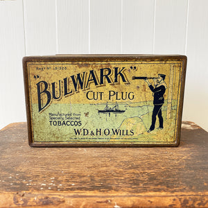 Vintage Bulwark Cut Plug Tobacco Tin from W.D & H.O Wills, that would have held 1LB of tobacco. Great graphics to the front, sides with drilled air holes as part of the tin design. 