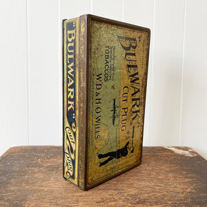 Vintage Bulwark Cut Plug Tobacco Tin from W.D & H.O Wills, that would have held 1LB of tobacco. Great graphics to the front, sides with drilled air holes as part of the tin design. 