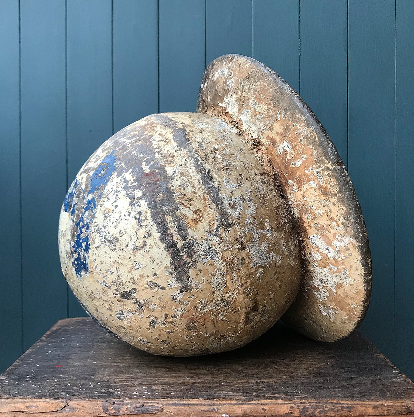 Great looking Vintage Weathered Buoy with the most amazing colour and patina. Looks like this one has come from Torquay in Devon as it has the letters 'TQ' painted on the bottom in blue paint. Would look great as a doorstop in the house or as a decoration in the garden - SHOP NOW - www.intovintage.co.uk