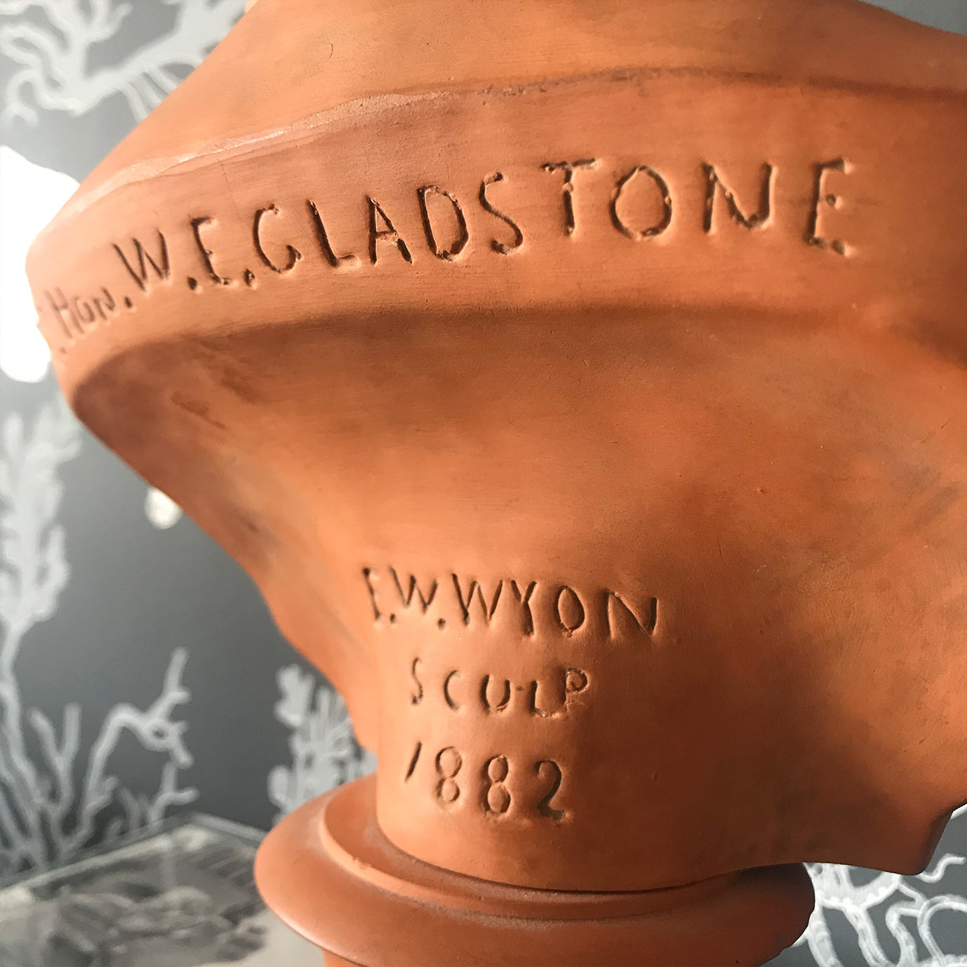 A impressive Terracotta Bust of the Right Honourable W.E Gladstone the British Prime Minister (1868), E.W Wyon maker's mark to the rear and dated 1882. There is a further mark to the underside. Quite incredible detail in the modelling - SHOP NOW - www.intovintage.co.uk