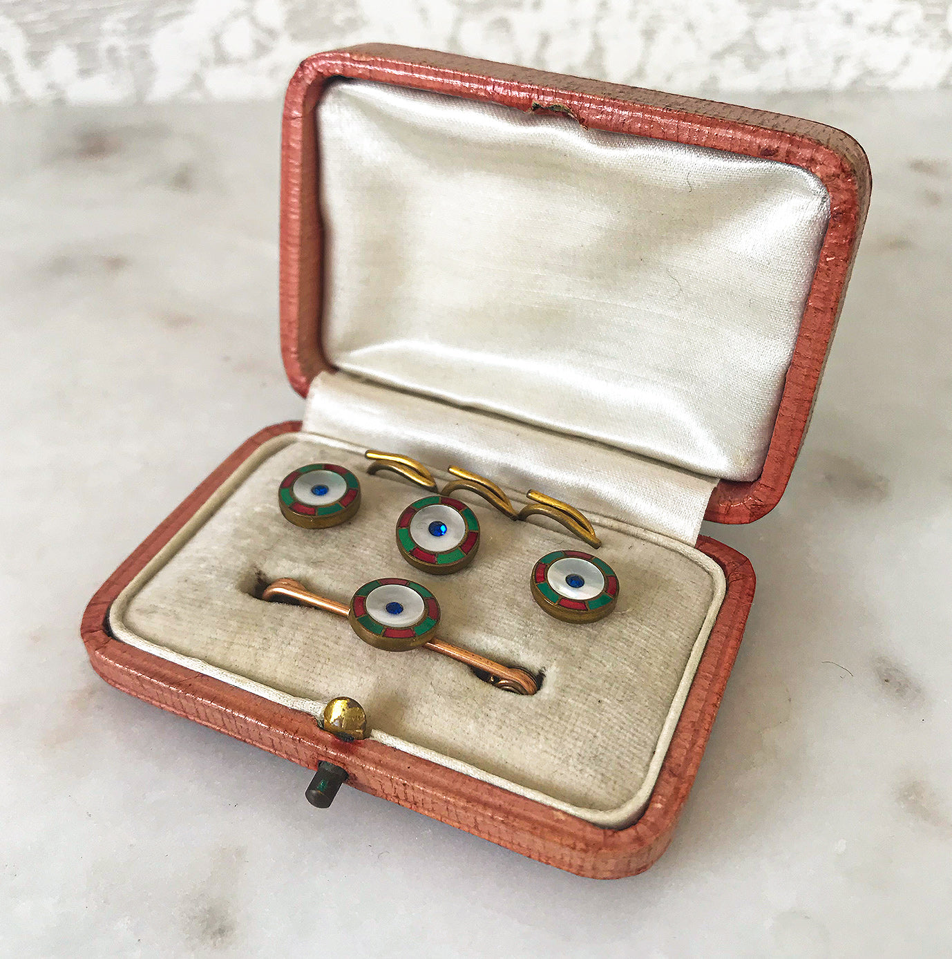 A smart matching set of 3 vintage gents dress buttons along with matching stock pin and 3 fastening loops, all in their original red presentation box - SHOP NOW - www.intovintage.co.uk