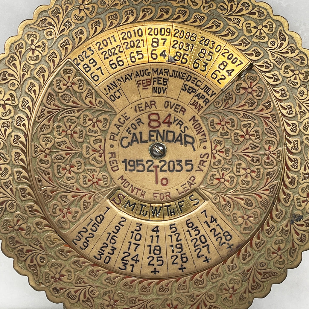 With this calendar you're good for another 11 years! Set the rotating disk to the the year you are in and it will tell you the days of the month. A lovely, highly decorated piece perfect for the new year! - SHOP NOW - www.intovintage.co.uk