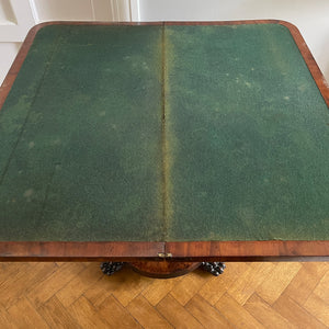 A quality William IV Mahogany Card Table with well carved detail to the solid mahogany pedestal leading to shaped collar with circular base and carved paw feet with original castors. - SHOP NOW - www.intovintage.co.uk