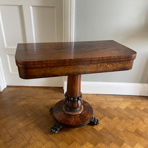 A quality William IV Mahogany Card Table with well carved detail to the solid mahogany pedestal leading to shaped collar with circular base and carved paw feet with original castors. - SHOP NOW - www.intovintage.co.uk