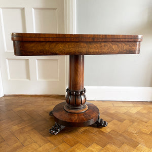 A quality William IV Mahogany Card Table with well carved detail to the solid mahogany pedestal leading to shaped collar with circular base and carved paw feet with original castors. - SHOP NOW - www.intovintage.co.uk