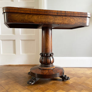 A quality William IV Mahogany Card Table with well carved detail to the solid mahogany pedestal leading to shaped collar with circular base and carved paw feet with original castors. - SHOP NOW - www.intovintage.co.uk