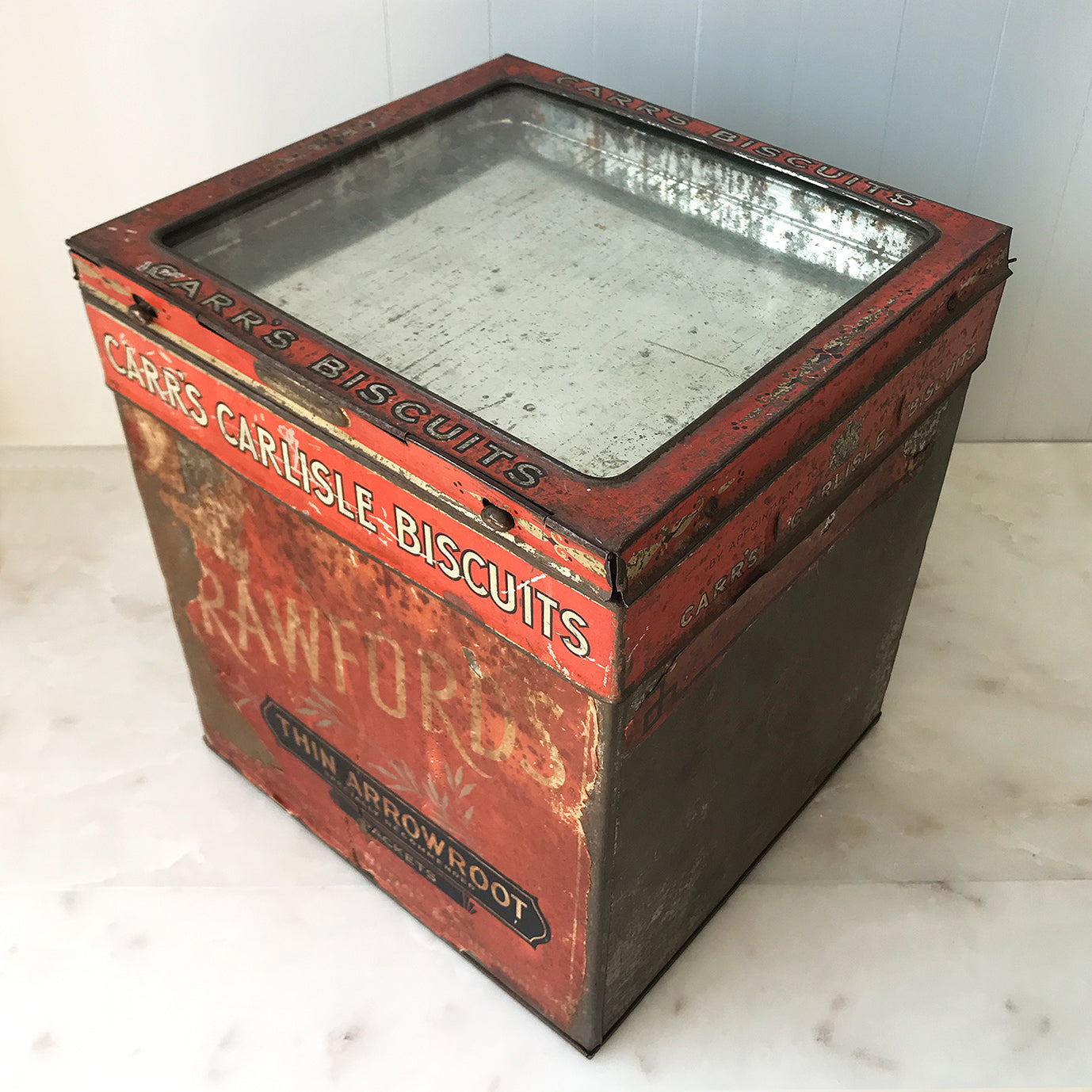 Vintage Biscuit Shop Display Tin with a Carrs Carlisle Biscuits display topper that would have held sample biscuits under the glass window so you knew what was in the box - SHOP NOW - www.intovintage.co.uk