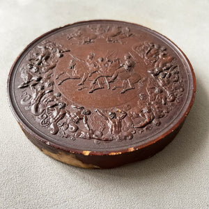 Detailed Victorian Plaster cast of the ancient battle of the Greek Gods and the Gigantes. The plaque shows serpent legged giants in battle whilst in the centre winged female god guides two soldiers on horseback. above them, in his chariot stands Zeus - SHOP NOW - www.intovintage.co.uk