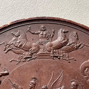 Detailed Victorian Plaster cast of the ancient battle of the Greek Gods and the Gigantes. The plaque shows serpent legged giants in battle whilst in the centre winged female god guides two soldiers on horseback. above them, in his chariot stands Zeus - SHOP NOW - www.intovintage.co.uk