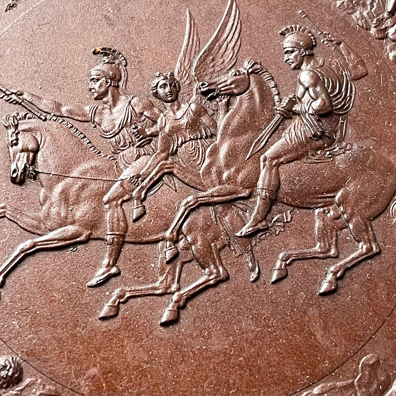 Detailed Victorian Plaster cast of the ancient battle of the Greek Gods and the Gigantes. The plaque shows serpent legged giants in battle whilst in the centre winged female god guides two soldiers on horseback. above them, in his chariot stands Zeus - SHOP NOW - www.intovintage.co.uk