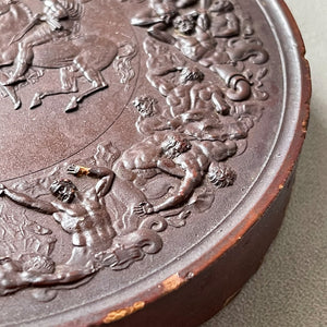Detailed Victorian Plaster cast of the ancient battle of the Greek Gods and the Gigantes. The plaque shows serpent legged giants in battle whilst in the centre winged female god guides two soldiers on horseback. above them, in his chariot stands Zeus - SHOP NOW - www.intovintage.co.uk
