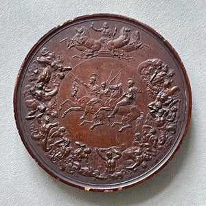 Detailed Victorian Plaster cast of the ancient battle of the Greek Gods and the Gigantes. The plaque shows serpent legged giants in battle whilst in the centre winged female god guides two soldiers on horseback. above them, in his chariot stands Zeus - SHOP NOW - www.intovintage.co.uk