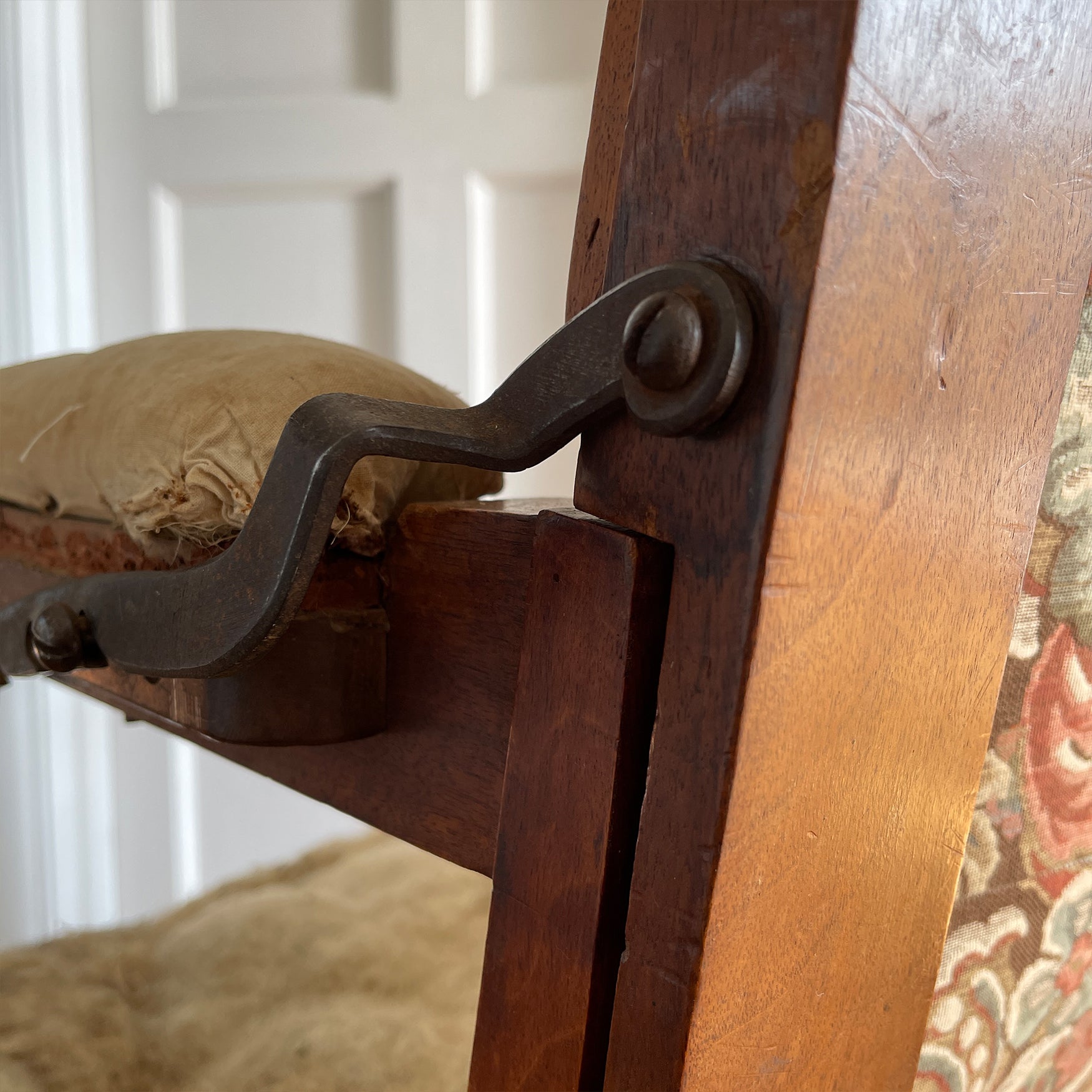 A French Walnut Reclining Armchair Circa 1860. The wing back has seven adjustable positions activated via a simple iron ratchet system. The arms have extendable iron rods. Raised on turned legs with an 'H' shaped stretcher. With original horsehair & ready to be upholstered - SHOP NOW - www.intovintage.co.uk