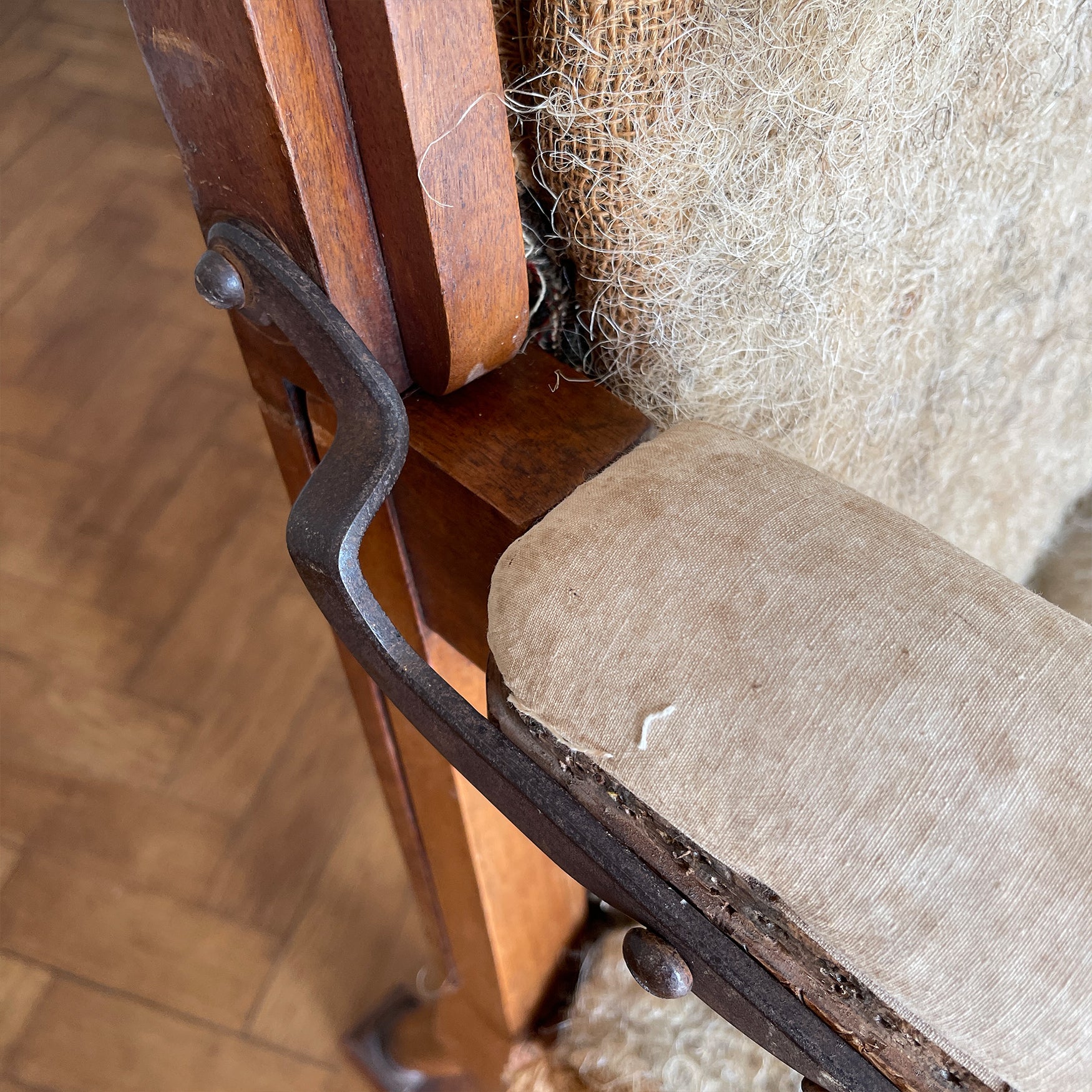 A French Walnut Reclining Armchair Circa 1860. The wing back has seven adjustable positions activated via a simple iron ratchet system. The arms have extendable iron rods. Raised on turned legs with an 'H' shaped stretcher. With original horsehair & ready to be upholstered - SHOP NOW - www.intovintage.co.uk