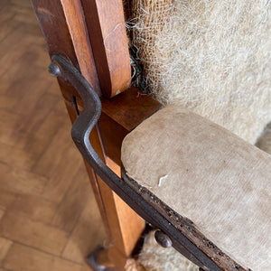 A French Walnut Reclining Armchair Circa 1860. The wing back has seven adjustable positions activated via a simple iron ratchet system. The arms have extendable iron rods. Raised on turned legs with an 'H' shaped stretcher. With original horsehair & ready to be upholstered - SHOP NOW - www.intovintage.co.uk