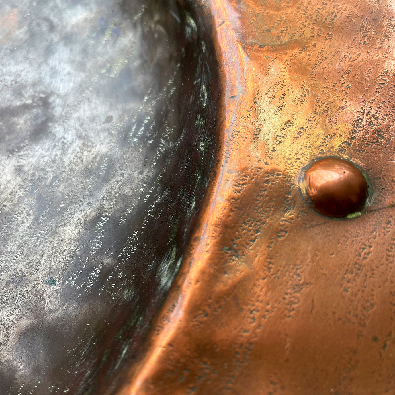 A large hand beaten Arts & Crafts Copper Charger in the Cornish Newlyn style. Beautiful colour and texture. Looks amazing as a table piece - SHOP NOW - www.intovintage.co.uk