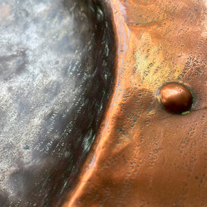 A large hand beaten Arts & Crafts Copper Charger in the Cornish Newlyn style. Beautiful colour and texture. Looks amazing as a table piece - SHOP NOW - www.intovintage.co.uk