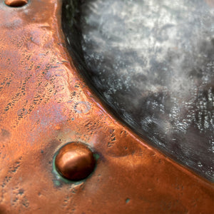 A large hand beaten Arts & Crafts Copper Charger in the Cornish Newlyn style. Beautiful colour and texture. Looks amazing as a table piece - SHOP NOW - www.intovintage.co.uk