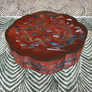 Chinese Red Lacquered Papier Mache Marriage Box. The box is decorated with Dragons & pheasants, a sign of good luck for the married couple. Gilt detail with the sides having an unusual scolloped shape adding to its country house look - SHOP NOW - www.intovintage.co.uk